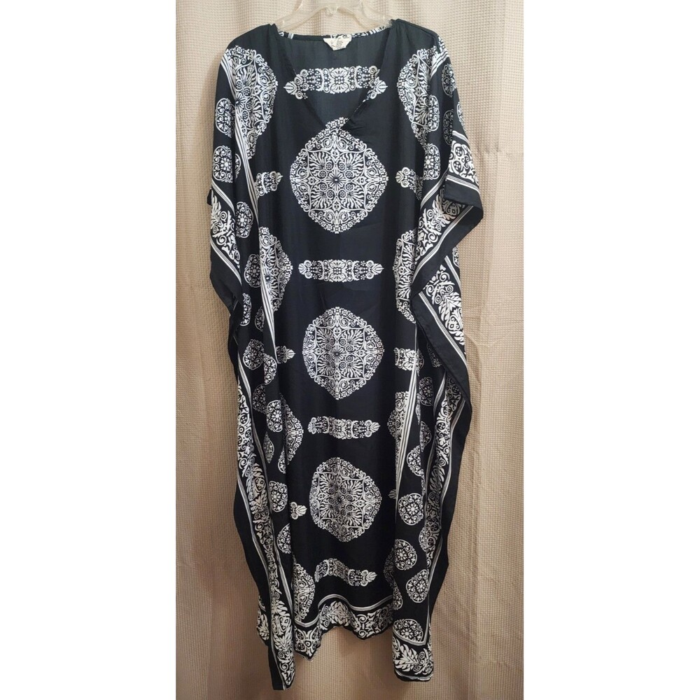 Gypsie Blu Kaftan House Dress Beach Paisley Medallion Boho Black & White Long